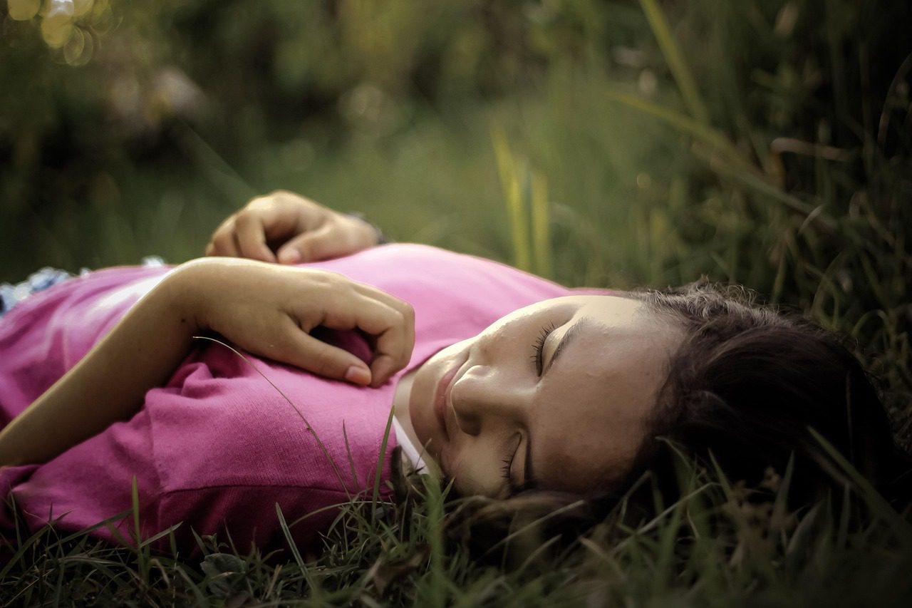 woman, young, grass, smile, nature, joy, relaxing, lying, light