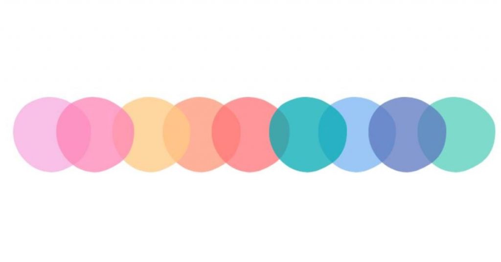 a line of interliniking circles of differing colours